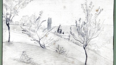 A sketch of a village with buildings in the distance and a person and trees in the foreground
