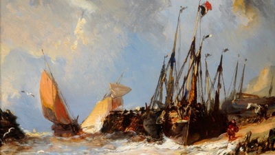 A painting of a boat on shore, it has a French flag and there are people stood nearby on the beach