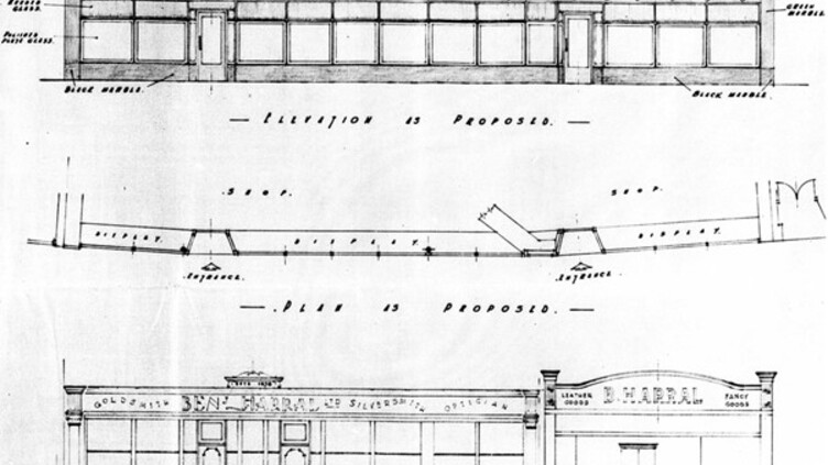 Architectural drawing showing front and top views of Beny Harral Ltd. jewellers. Features labeled sections, doorways, and windows. Storefront includes signs for goldsmith, silversmith, watchmaker, and optician services.