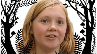 Young person with light hair speaking, surrounded by black silhouetted branches forming an arch. Purple name tag below reads "Quinn Plews".