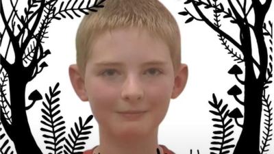 A young boy with short hair is encircled by a decorative black forest pattern. Below, a purple label displays the name "Joe Easton" in yellow text.