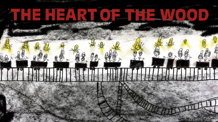 A black and white drawing features a group of abstract figures playing instruments. They are illuminated by yellow swirls, standing on a platform above a textured ground. "THE HEART OF THE WOOD" is written in bold red letters at the top.