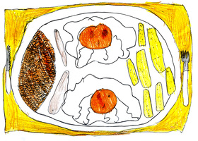 A colorful drawing shows a breakfast plate with two fried eggs, two tomatoes, a piece of meat, and several yellow fries. The plate is set on a yellow placemat with a fork and knife on either side.