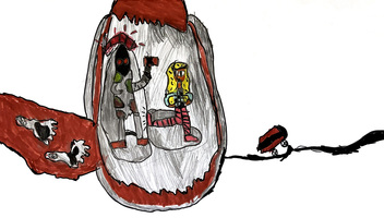 A colorful drawing depicting a pirate and a girl inside a large chocolate egg, with the pirate holding a glass and the girl holding a cookie. Outside, a small figure with a red hat is walking away, leaving a trail behind.