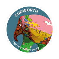 Cudworth Elephant by Lewy - a red trunk, pink and yellow body and green legs