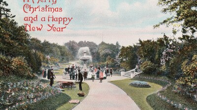 Merry Christmas postcard with a colourful drawing of Locke Park
