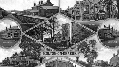 A black-and-white vintage postcard of Bolton-on-Dearne featuring five photos: the railway station, the hall, two views of Mill Lane, and the church, with decorative borders and the town’s name in the center.