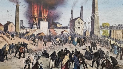 A large crowd gathers in front of an industrial building engulfed in flames and smoke, with tall chimneys in the background. People appear distressed, fleeing or watching the fire in a chaotic scene.