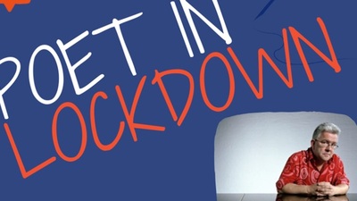A man in a red patterned shirt sits at a table, looking thoughtful. Behind him, large text reads "POET IN LOCKDOWN" on a blue background.