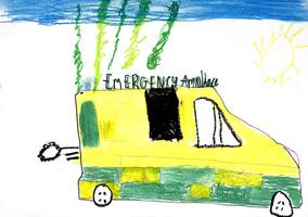 Child's drawing of an ambulance with a yellow and green body. "Emergency Ambulance" is written on top. The vehicle has black windows, circles for wheels, and smoke trails. A bright sun with squiggles is in the upper right corner.