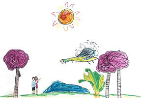 A child's drawing shows a large blue and green fly buzzing near a person pointing at it. There are two colorful, swirly trees, a bush, a rock, and a bright sun with rays in the sky.