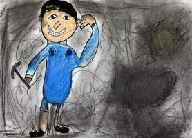 Child's drawing of a smiling person in a blue outfit holding a tool, possibly a pickaxe. The background is gray with abstract shapes; a sun is drawn in the top right corner. The person's expression is cheerful.