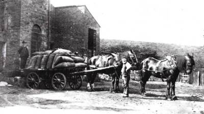 Black and white photo of a man standing between two horses pulling a wagon loaded with large sacks, next to brick buildings in a rural setting.
