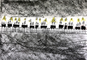 Abstract drawing with figures seated at a long table holding bright yellow light bulbs. Below the table, several black lines and curved shapes suggest stairs or pathways. The background is textured in gray and black shades.