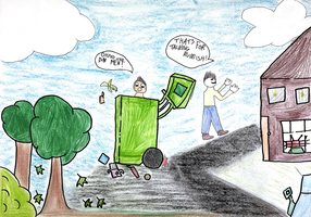 A cartoon drawing shows a person being thrown into a green garbage truck labeled "Oh no! My dignity!" Another person, waving and smiling, says "That's for talking rubbish!!" Trees and a house are in the background under a blue sky.