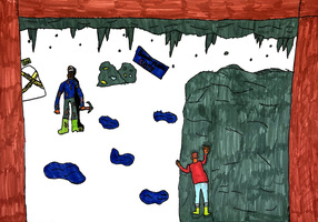 A person climbs a snowy cave wall with ice picks. Another person stands below, facing the wall. A sign in the background reads "Dangerous Cave." Blue patches and scattered rocks are on the ground. The cave has a brown, jagged opening.