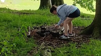 Girl exploring a green patch of grass in the woods