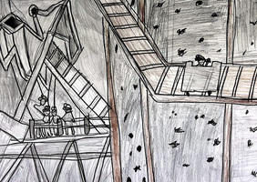 A surreal black-and-white drawing depicts people in suits and hats walking through an industrial landscape, characterized by intersecting ramps and structures. One person appears to be pushing a large cart. 