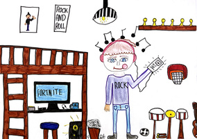 A child with pink headphones stands in a room. He holds a music player. Posters on the wall say "Rock and Roll" and show someone playing guitar. A ladder leads to a loft bed. A monitor displays "Fortnite." 