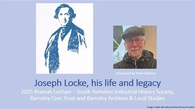 A presentation slide with a sketch of Joseph Locke and a photo of an older man in a cap. The slide reads: "Joseph Locke, his life and legacy," with details about the 2025 Bramah Lecture and its hosts.