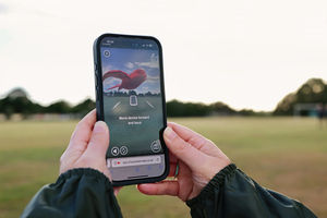 Person using a smartphone outdoors to view an augmented reality bird flying over a grassy field