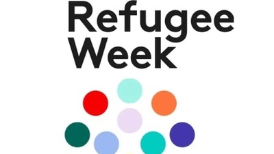 Refugee Week logo and beneath it multi coloured dots