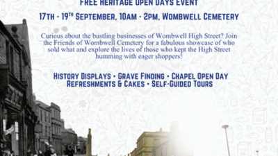 Poster for “Lives Behind the Counters” event at Wombwell Cemetery, 17th–19th September, 10am–2pm, featuring history displays, grave finding, chapel open day, refreshments, cakes, and self-guided tours.