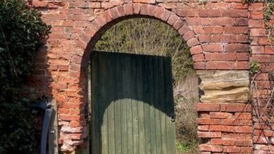 An old brick wall with an arched doorway, partially covered by a weathered green wooden gate, stands in sunlight. Some bricks are missing or worn, and vines are creeping up the side of the wall.