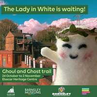 A fuzzy, smiling ghost wearing a leaf crown promotes the Ghoul and Ghost trail at Elsecar Heritage Centre from 24 October to 2 November.