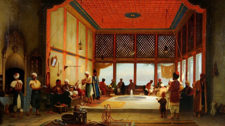 Painting of a large hall with people sitting around the edges and a fountain in the middle
